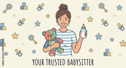  Friendly Babysitter Portrait
A flat vector illustration of a friendly babysitter smiling confidently, holding a toy or baby bottle. Simple background with childcare icons. 