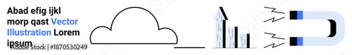 Technology, business growth, cloud computing, data analytics, digital marketing, user retention. A cloud, bar graph with upward arrow and a magnet attracting elements. Cloud computing and business