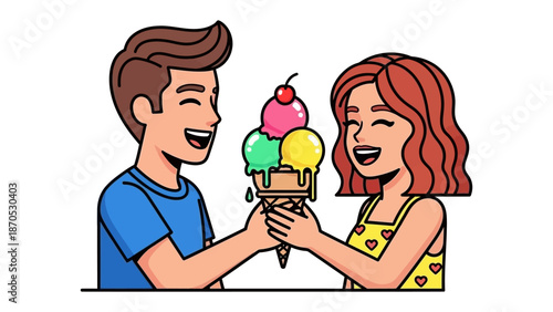 Sweet Moment: A pair of young individuals share an oversized ice cream cone, a symbol of joy and the sweetness of life, in a vivid and warm illustration