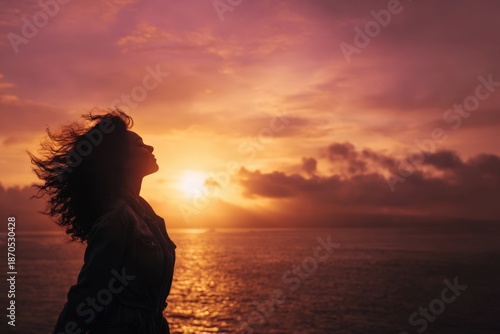 Wallpaper Mural Embracing Serenity: A Silhouette at Sunset Reflecting Inner Peace and Natural Beauty Amidst Vibrant Skies and Calm Waters Torontodigital.ca