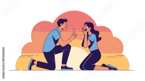 A Tender Moment: A Man on one knee presenting a diamond ring to his partner, set against a romantic sunset, embodies a promise of forever. 