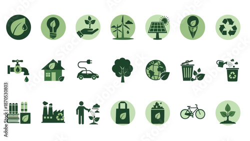 Green Icons Representing Eco Friendly Concepts.