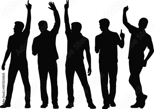 Business people silhouettes raising hands together, success celebration teamwork concept, corporate victory leadership, motivation achievement, isolated black figures on white