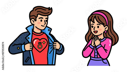 Proposal of Affection: A romantic illustration depicts a man revealing a ring-adorned heart to a woman, capturing the sentiment of a heartfelt proposal.