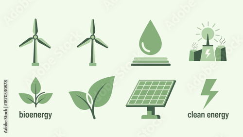 Renewable Energy Icons Set with Green Symbols.