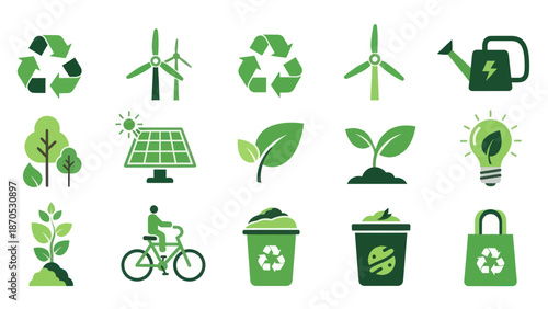 Sustainable Living Icons Set Green Environment.