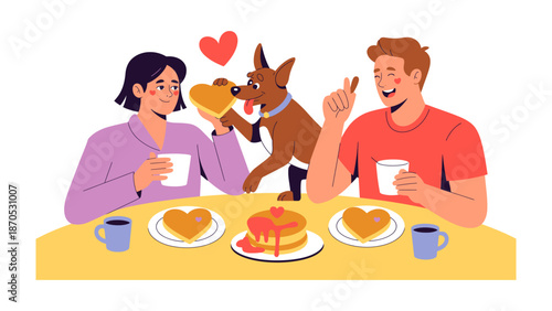Breakfast of love: a delightful morning unfolds as a couple, alongside their playful dog, share a loving breakfast. Hearts and laughter fill the air.