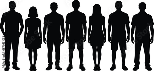 People silhouette standing front view, men women and teenagers figures, casual clothing styles, human body comparison set, black shadow characters, isolated white background