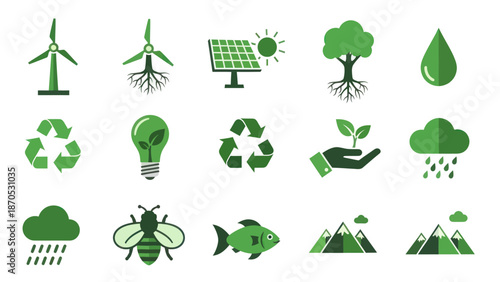 Green Icons Representing Environmental Conservation Efforts.