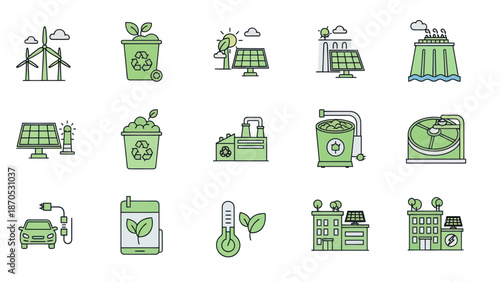 Green Icons Representing Renewable Energy and Sustainability.