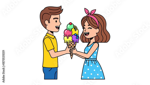 Sweet Treat of Sharing: A tender moment unfolds as one individual hands a colorful ice cream cone to another, symbolizing generosity, affection, and the simple pleasures of togetherness.