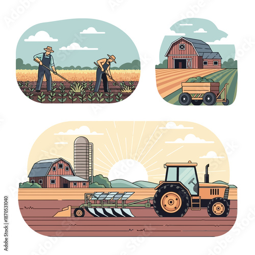 Vibrant illustration of agricultural landscapes, farmers at work, and farm machinery
