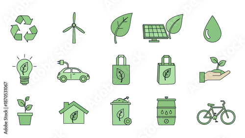 Sustainable Living Icons with Green Leaf Symbol.
