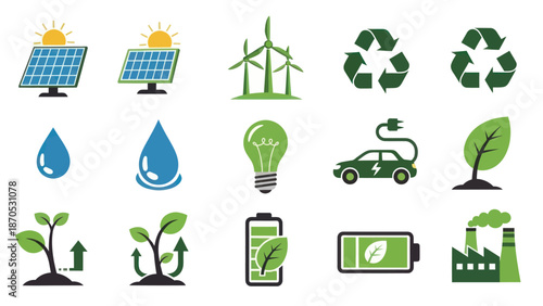 Sustainable Energy Icons Set for Eco Friendly Living.