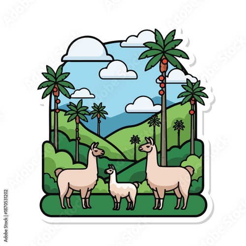A tropical scene with three llamas