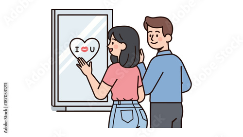 A Moment of Love: A loving couple, caught in a moment of shared affection, observes the message I love you, depicted within a heart, symbolizing the depth of their bond and emotion.