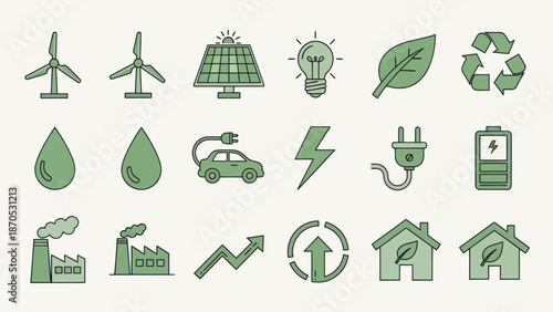 Sustainable Energy Icons Set for Eco Friendly.