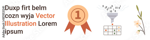 Data sorting, information processing, success achievement, analytics, ranking, digital concepts. Funnel sorting binary data, prize medal and decorative flowers. Data sorting and success achievement