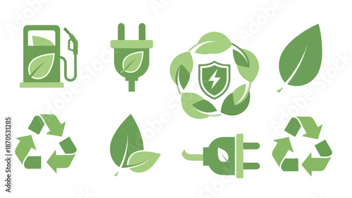 Green Energy Icons Set with Leaves.