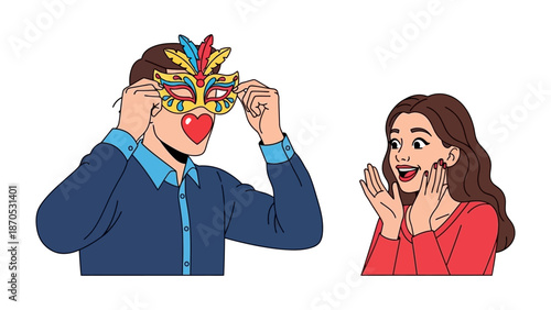 Masked Revelation: A captivating moment unfolds as a person unveils a colorful mask to an astonished observer, filled with anticipation and wonder.