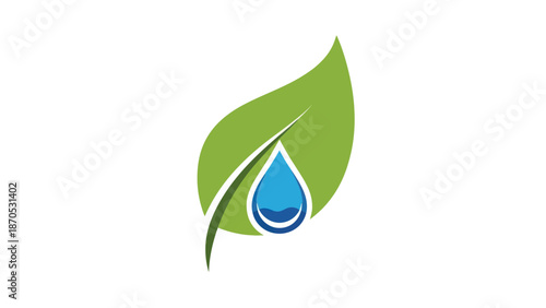 Green Leaf with Blue Water Droplet Icon.