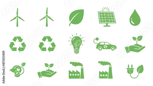 Green Energy Icons Set for Sustainability.