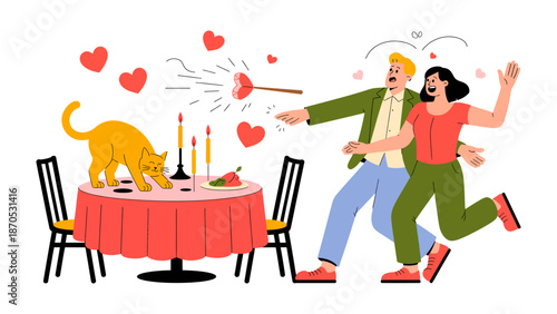 Romantic Dinner Mishap: An amusing scene unfolds as a couple's romantic dinner takes a playful turn, with a mischievous cat adding a touch of humor to the date night.
