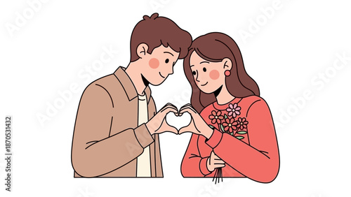 Heartfelt Connection: A tender illustration depicts a couple, their hands forming a heart, symbolizing affection, love, and unity in a gesture of pure romance. 