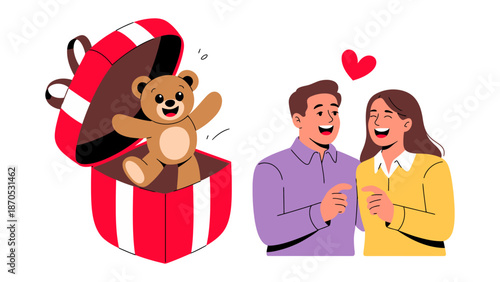 Gift of Love and Joy: A heart-warming illustration showing the delight of giving and receiving gifts, featuring a charming teddy bear and a loving couple.