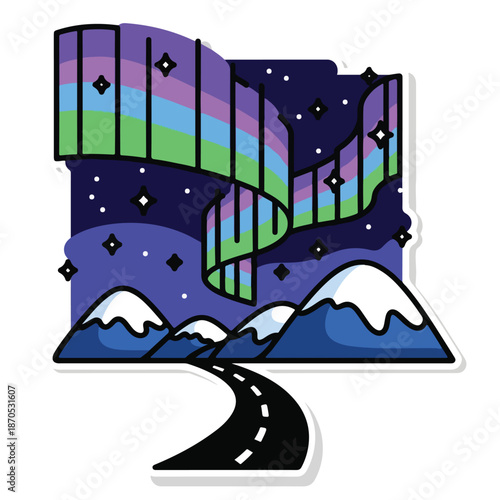A sticker of a road leading to snowy mountains under a starry night sky with aurora