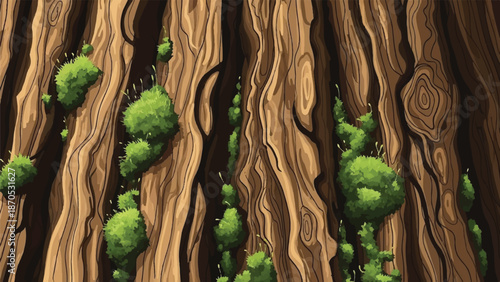 A close-up illustration of tree trunks with green moss growing on the bark in a forest environment