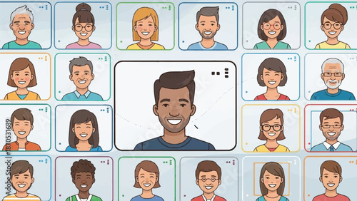 Diverse group of people communicating with a central figure in a digital interface