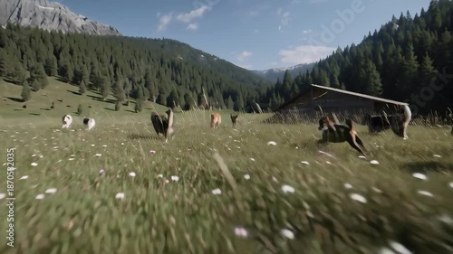 Cats and dogs are racing in a beautiful meadow, realistic 4K.
