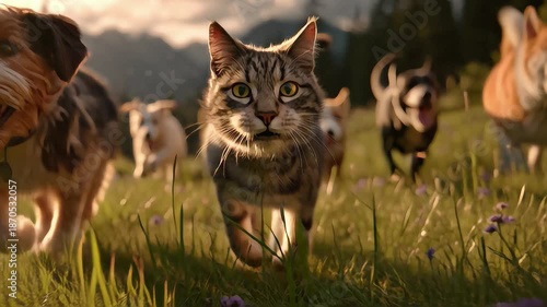 Cats and dogs are racing in a beautiful meadow, realistic