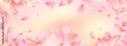 Cherry blossom petals on beautiful bokeh background. Vector realistic illustration of sakura or rose flower frame with defocused particles on pink and yellow gradient backdrop, spring banner design