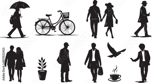 Silhouettes of people in various daily life activities