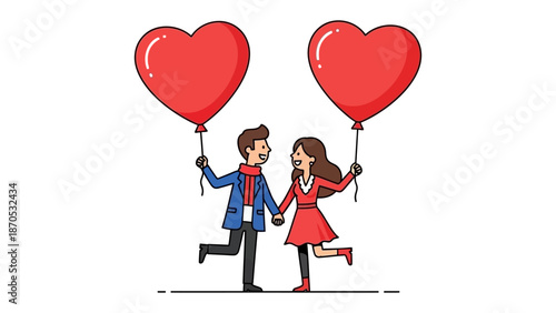 Love's Ascent: A romantic couple celebrates their love. They holding a heart balloon. A perfect illustration of unity.