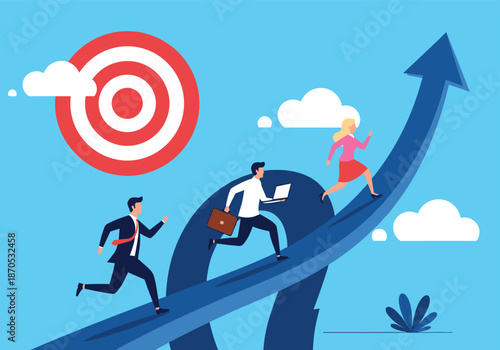 Business people run on an upward arrow path towards a red target, symbolizing ambition, career growth, goal achievement, and the pursuit of success