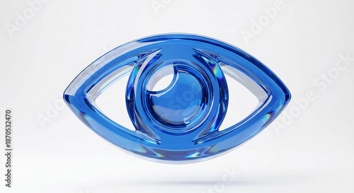 Blue glass eye 3D icon render, Transparent crystal vision logo, Glossy optic surveillance sign, Minimalist abstract iris symbol