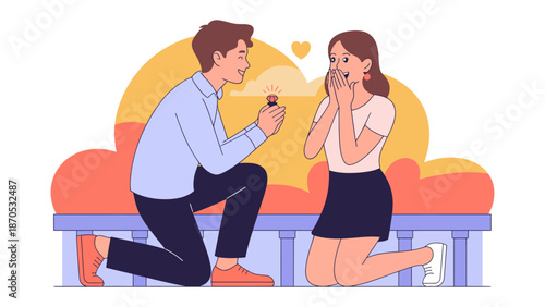A Proposal of Love and Forever: A man kneels before a woman, offering a ring in a heartfelt proposal, set against a backdrop of anticipation and commitment. A moment of true love unfolds.