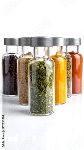 Array of spices in glass vials with silver lids against a white background create a vibrant color gradient