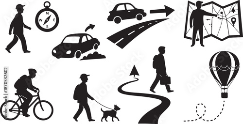 Transportation and Travel Icons in Black and White