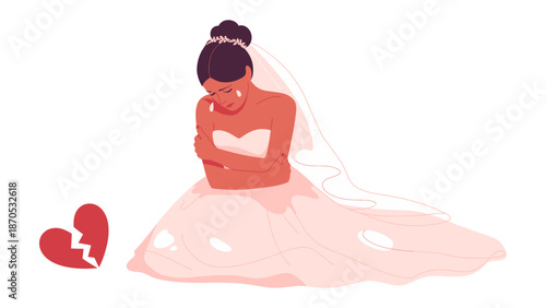Bride's Broken Heart: A dejected bride, dressed in a delicate gown, is heartbroken on her special day, her tears reflecting a shattered dream, with a broken heart.