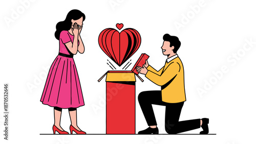 Heartfelt Moment: A man, kneeling with a proposal, opens a gift box revealing a glowing heart above a woman surprised by the romantic gesture. Capturing the pure emotion of love and commitment.
