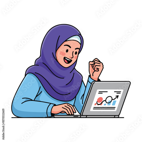 A woman in a purple hijab celebrating in front of laptop