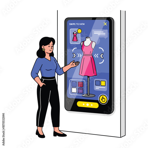 A woman interacts with a large smartphone