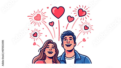 Love Fireworks: A joyful couple looks up at a burst of fireworks in the shape of hearts, celebrating their love under a vibrant display. 