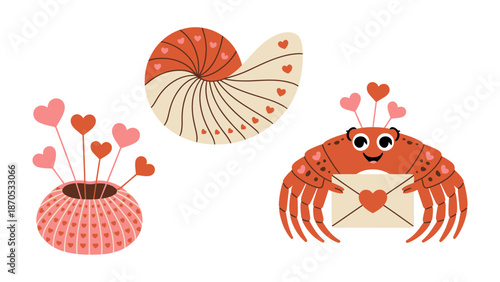 Valentine's Day Decorations: Enchanting Valentine's Day decorations featuring a delightful crab, nautilus shell, and vase, adorned with hearts, embodying the spirit of love and affection.