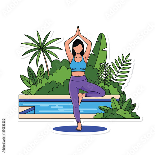 A woman practices yoga near a pool surrounded by lush greenery