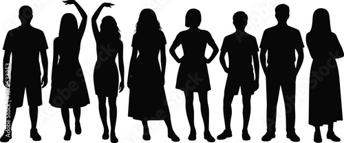 Diverse group of human silhouettes standing together, men women different poses isolated on white background for community diversity concept representation